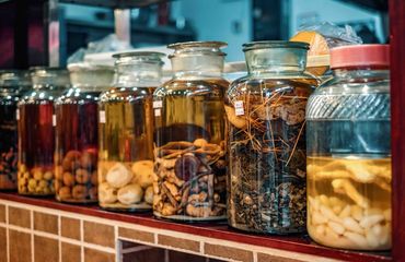 Chinese vats with medicine inside