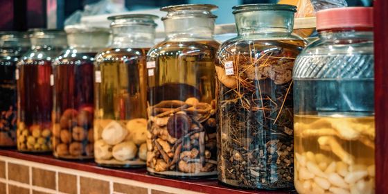 Chinese vats with medicine inside